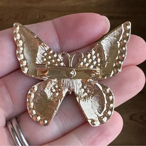 Vintage Style Black Enamel & Rhinestone Butterfly Brooch | Gold Tone Pin | NEW - Picture 2 of 4